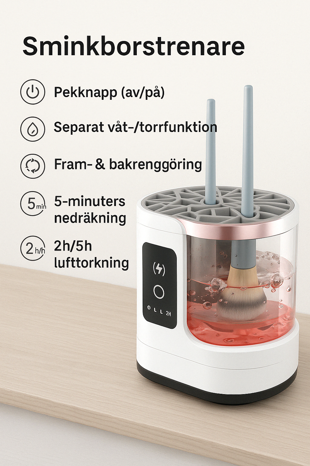 Elektrisk-automatiskt rengöringsställ för make‑up‑borstar